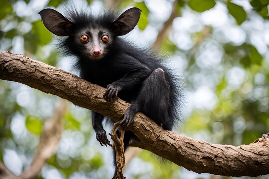 Black Aye-aye Animal on a Tree Branch