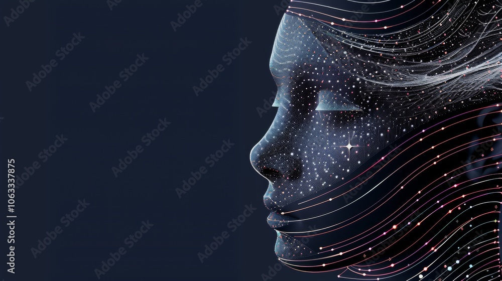 Poster a close-up view showcases a stylized head with flowing lines and a cosmic pattern, creating a mesmer