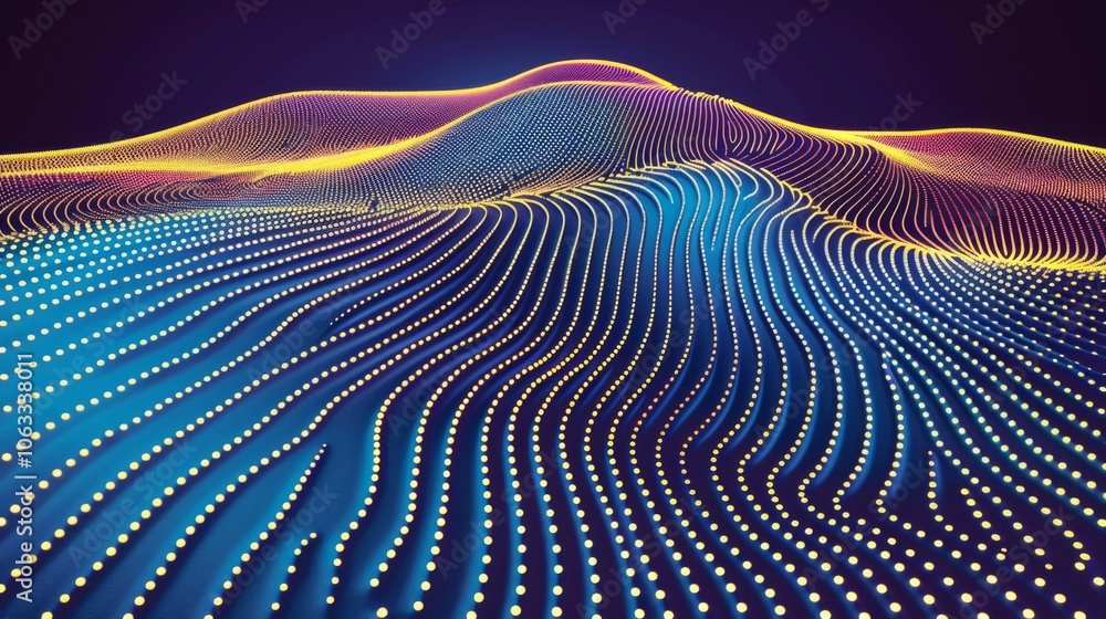 Poster the artwork showcases a mesmerizing landscape with fluid lines and bright dots creating a stunning v