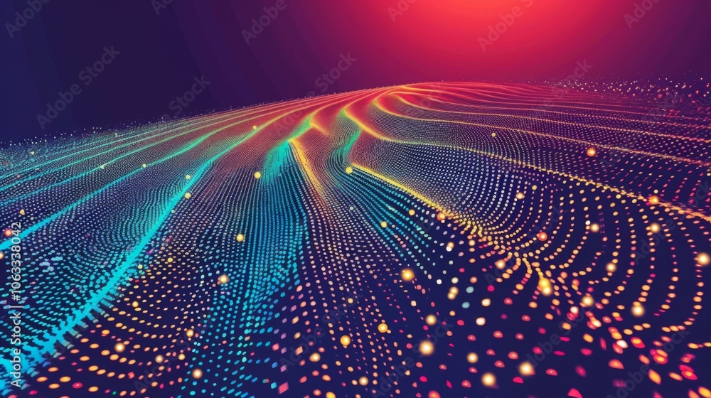 Poster abstract pattern of glowing dots and waves in vibrant colors represents data flow and technological 
