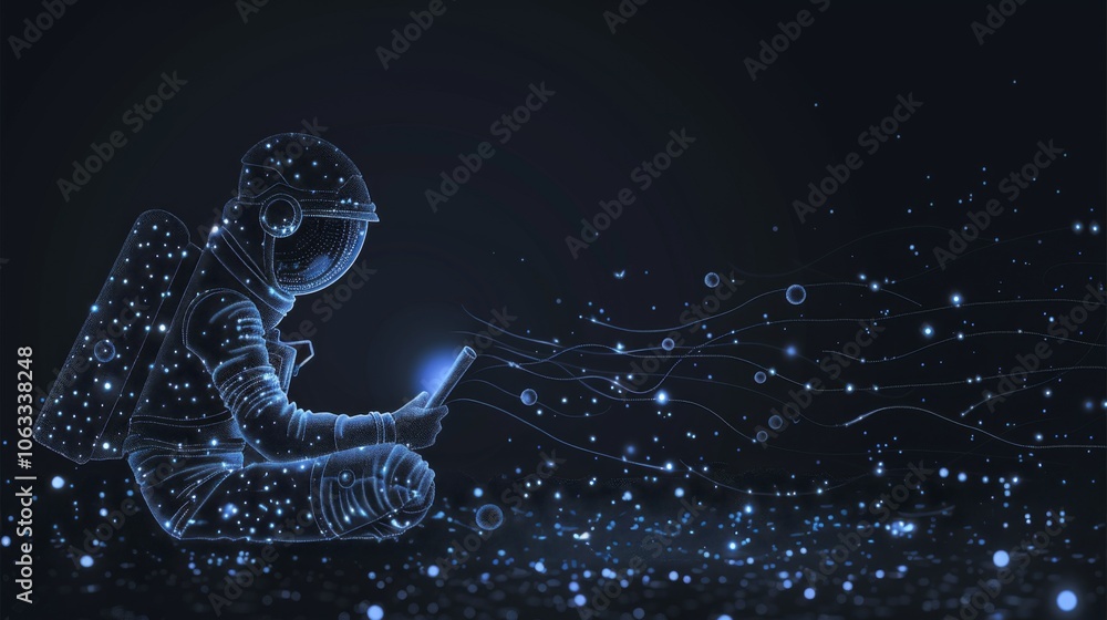 Poster an astronaut sits cross-legged in space, coding on a device amidst swirling cosmic elements and dist