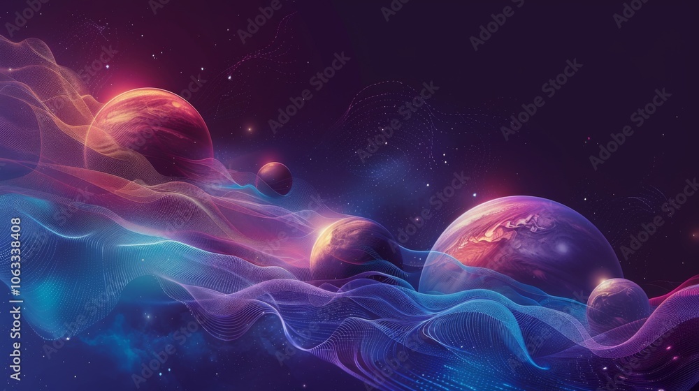 Poster the laptop showcases outer space code illuminated by blue backlighting, while colorful planets drift