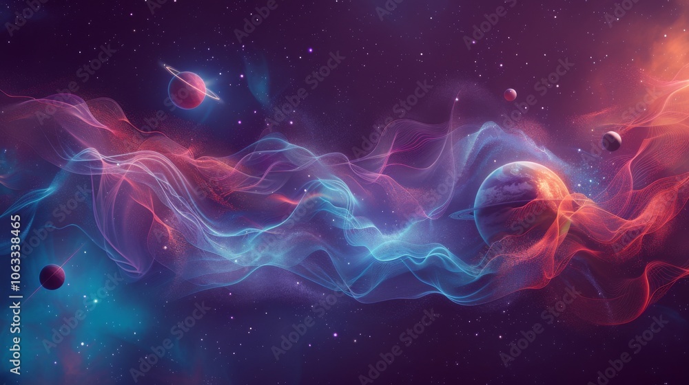 Poster a laptop showcases outer space-themed code, illuminated in blue while colorful planets drift in a vi