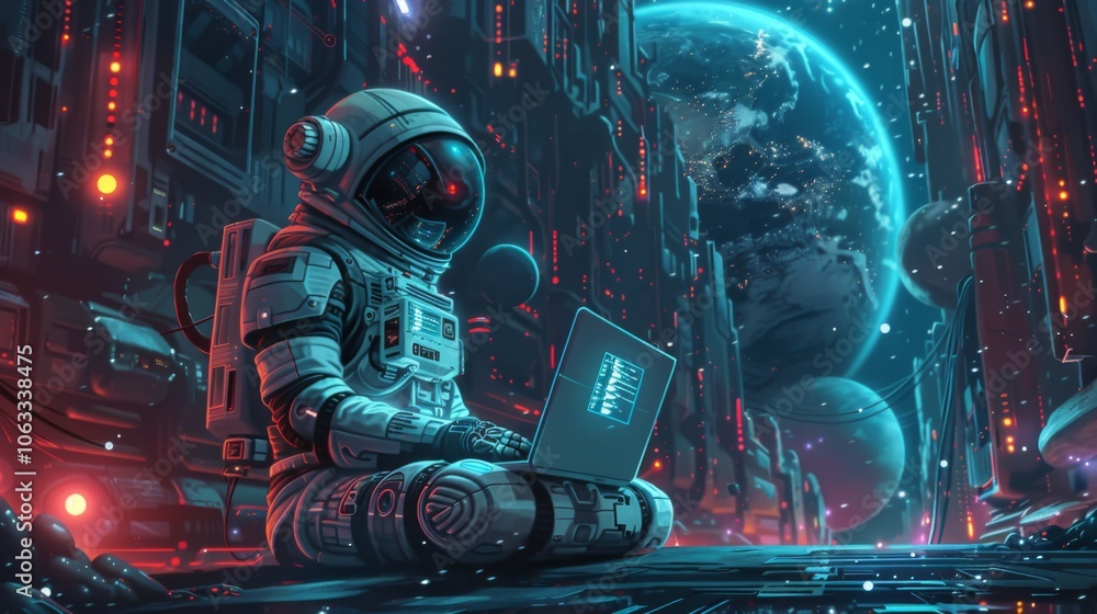 Poster a robot in a spacesuit is engaged with a laptop while cosmic planets and a glowing backdrop enhance 