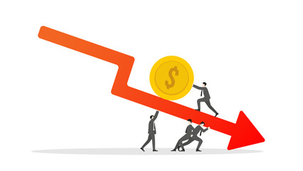 A businessman pushing a big coin upward on a red arrow graph down with teamwork support. Concepts of business, financial growth, economic strategy, investment success, and wealth management