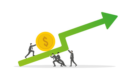 A businessman pushing a big coin upward on a green arrow graph rising with teamwork support. Concepts of business, financial growth, economic strategy, investment success, and wealth management