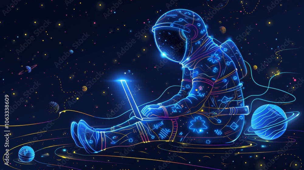 Poster in a vivid cosmic setting, a luminescent robot interacts with a laptop while planets and stars twink