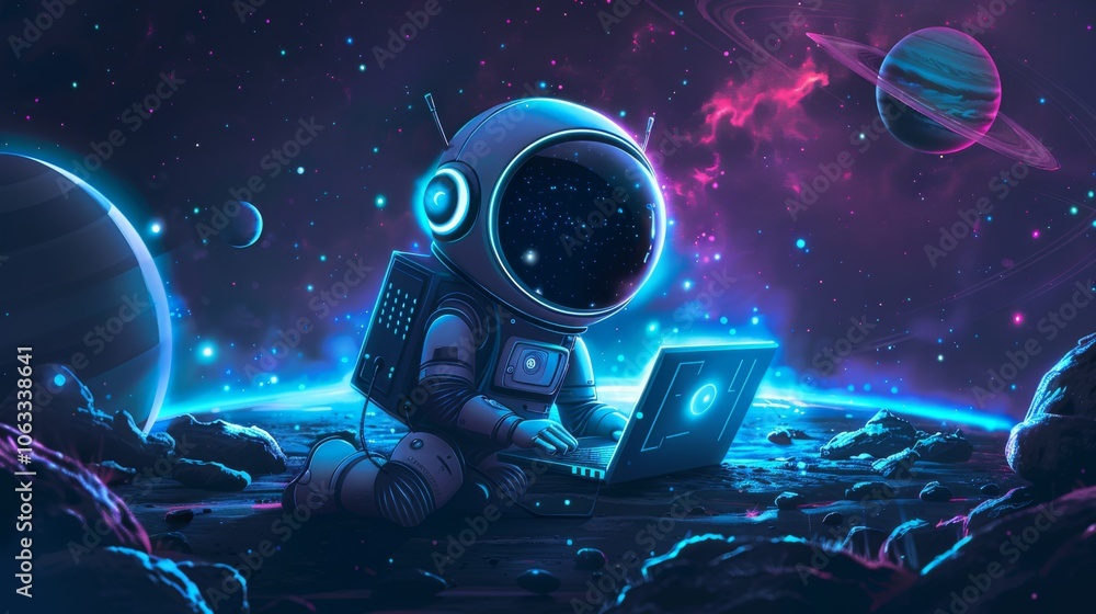 Wall mural a robot types on a glowing blue laptop surrounded by colorful planets in a vibrant outer space envir