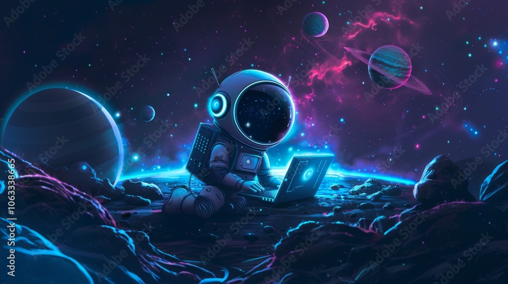 Aufkleber a futuristic robot explores the cosmos, engaging with a laptop under a backdrop of colorful planets 