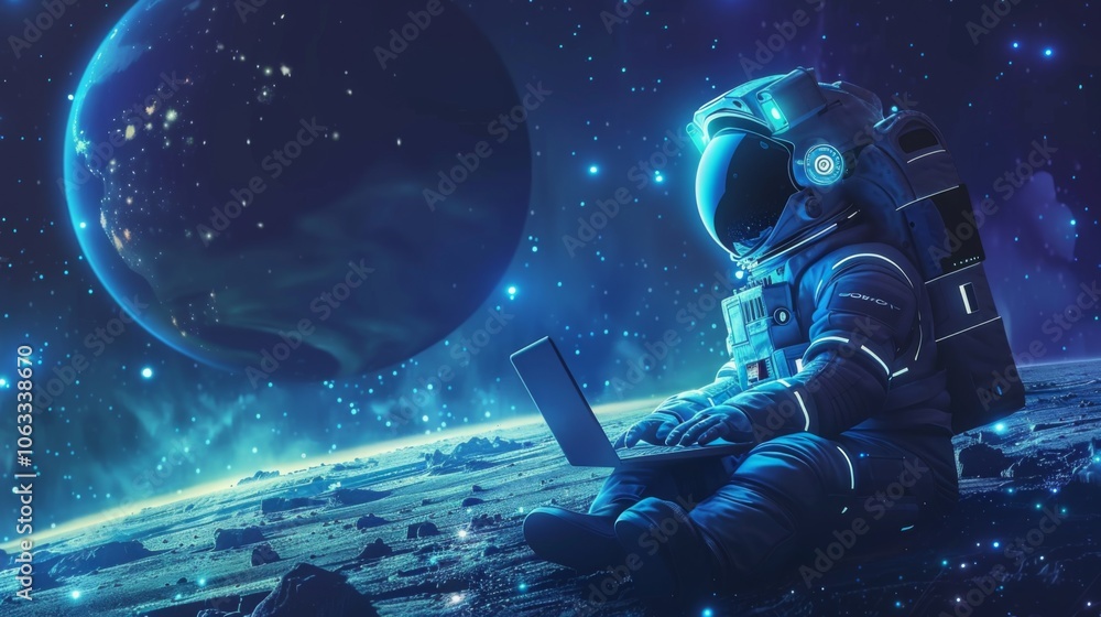 Poster an outer space robot interacts with a laptop amidst planets, illuminated by a striking blue light in