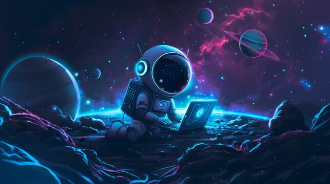 A futuristic robot explores the cosmos, engaging with a laptop under a backdrop of colorful planets and stars in space. Generative AI