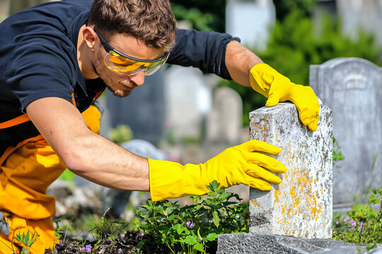 a volunteer in bright yellow gloves restoring aged gravestone