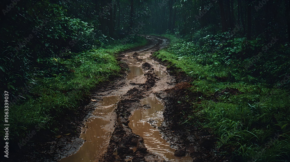 Poster winding muddy path through lush forest symbolic unpredictable nature challenge concept