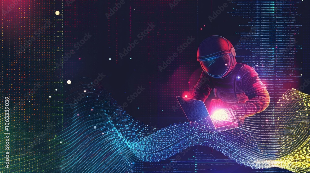 Poster a futuristic astronaut sits at a computer, writing code amidst vibrant planets and swirling cosmic e