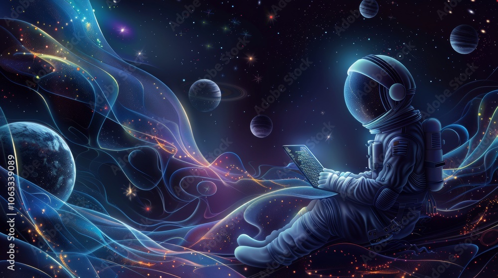 Aufkleber floating in the vastness of space, an astronaut writes code while surrounded by cosmic phenomena and