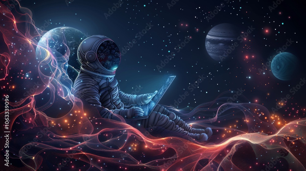 Poster an astronaut writes code on a computer, immersed in the beauty of space, amidst vibrant planets and 