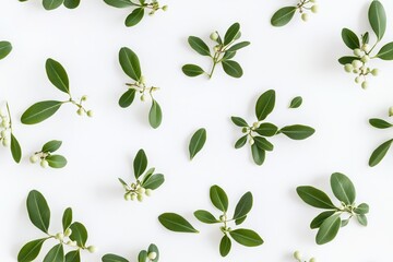twig background in green with round seeds in white tones.