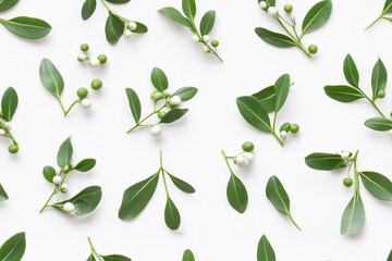 Naklejka premium twig background in green with round seeds in the same tone t white.