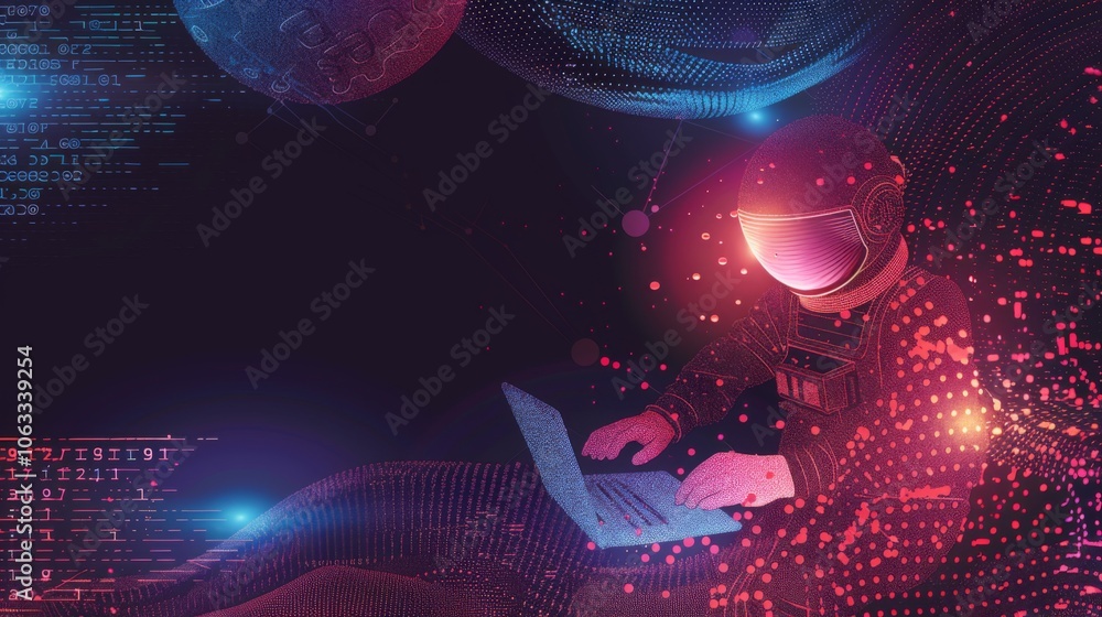 Aufkleber an astronaut focuses on coding at a laptop amidst colorful space planets and digital patterns during