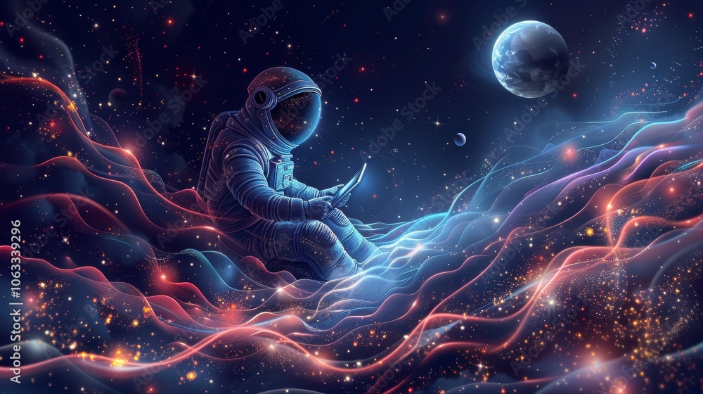 Aufkleber in a colorful cosmic landscape, an astronaut engages in coding on a computer while planets and stars