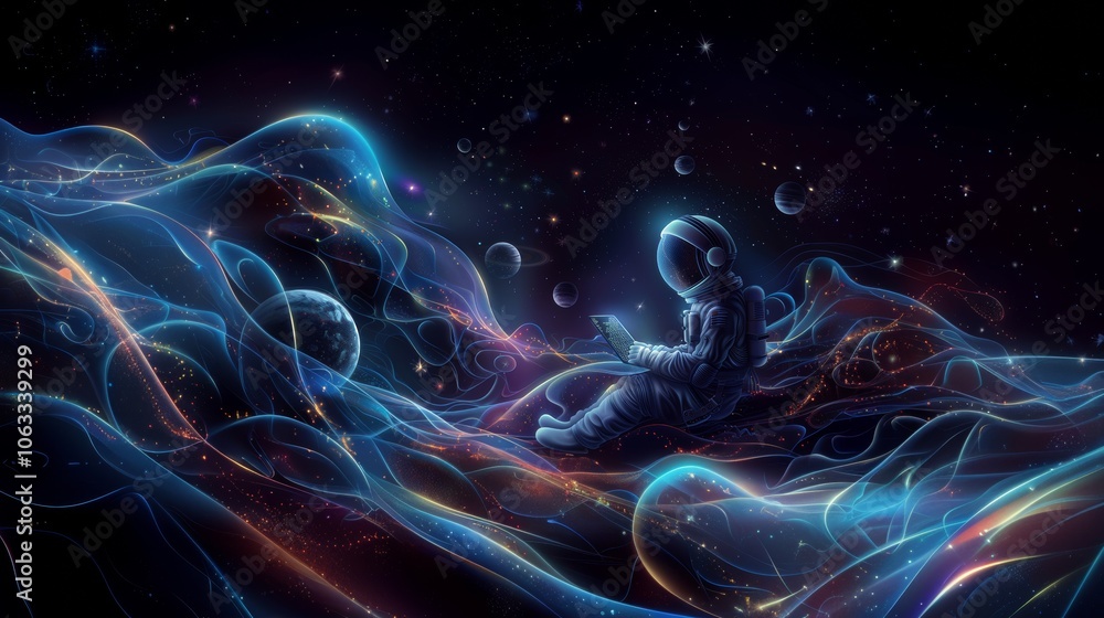 Poster an astronaut floats in space, writing code on a computer while surrounded by vibrant planets and swi