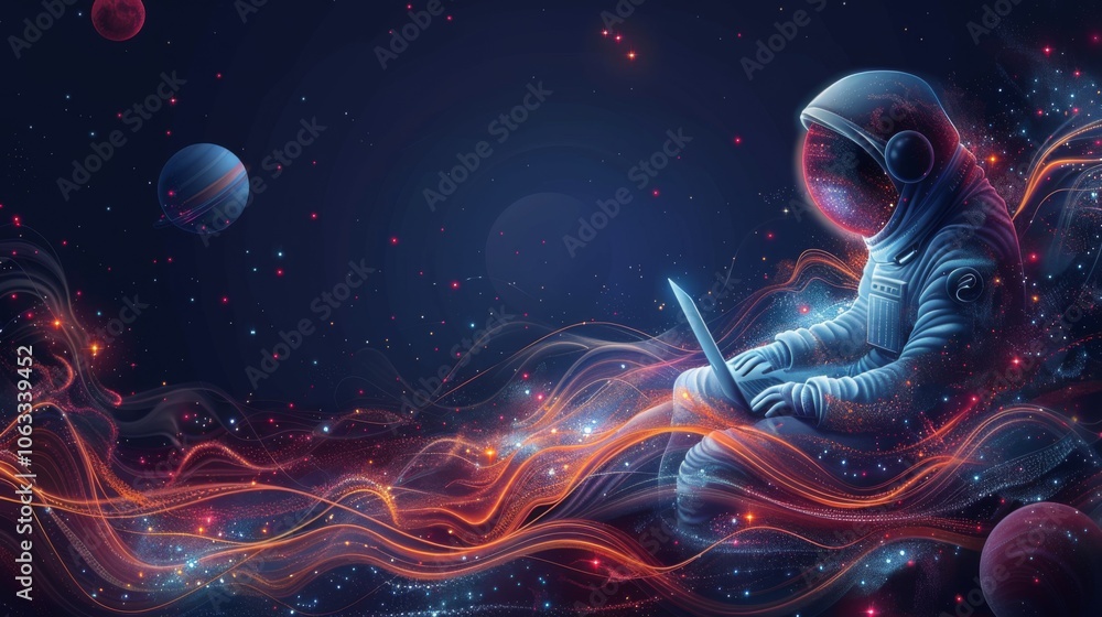 Poster an astronaut types code on a laptop in a colorful cosmic setting filled with glowing planets and swi
