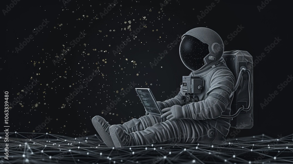 Poster an astronaut floats in space, engaged in coding on a tablet while surrounded by celestial bodies and