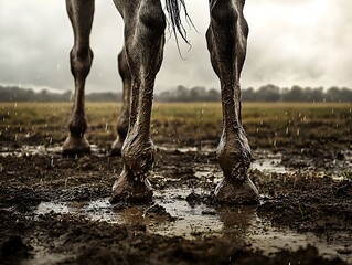 Powerful horse standing in muddy field after galloping through rain symbolizing freedom and strength