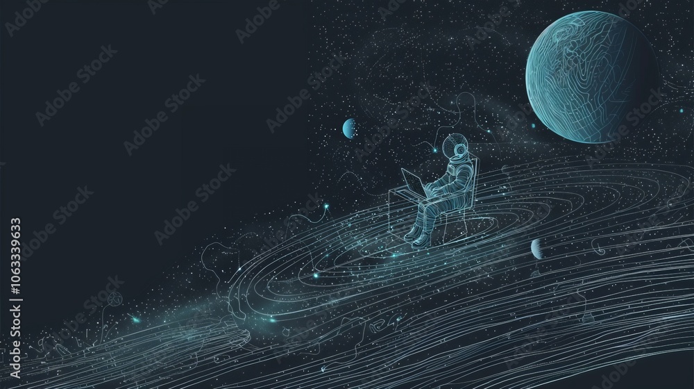 Poster an astronaut is writing code while floating in space, surrounded by planets and cosmic rings, explor