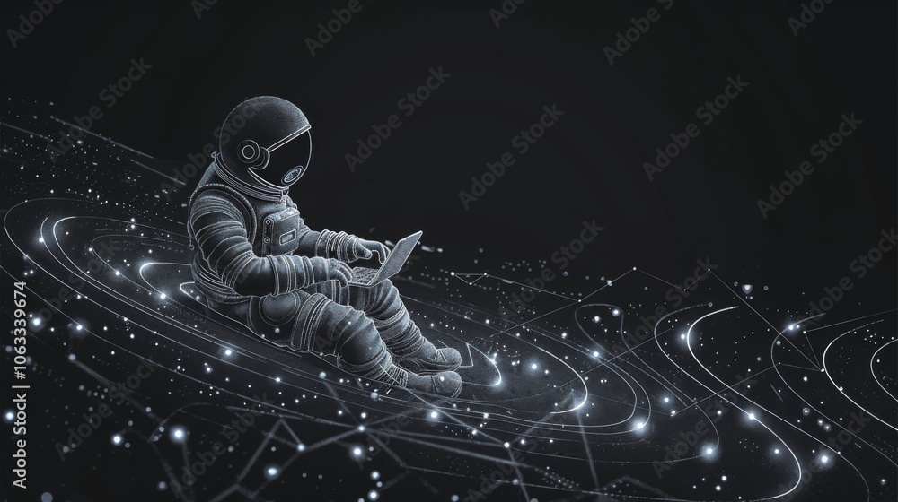 Poster an astronaut sits in zero gravity, coding on a device surrounded by stars, planets, and cosmic dust 