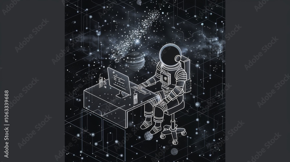 Aufkleber an astronaut sits at a desk, coding on a computer amidst a backdrop of planets and distant galaxies 