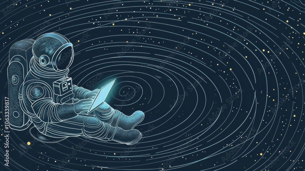 Aufkleber an astronaut is focused on coding while floating in a vast space surrounded by swirling galaxies and