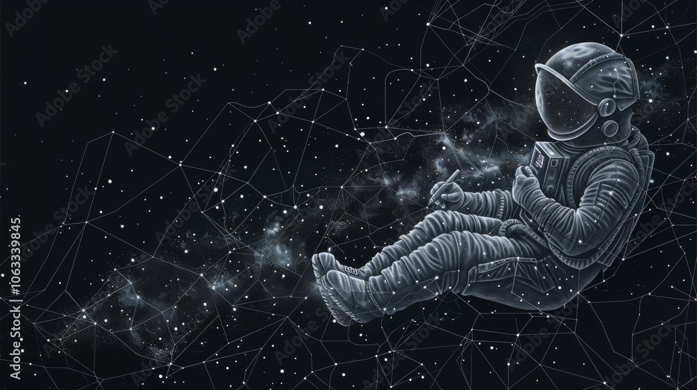 Poster in a vast expanse of space, an astronaut floats while coding on a computer, surrounded by twinkling 