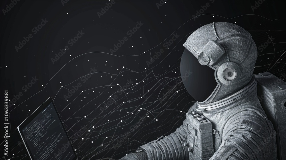 Poster an astronaut floats in space, focused on coding on a laptop while surrounded by swirling galaxies an