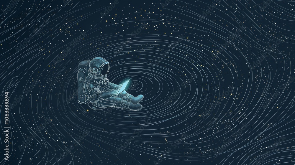 Poster an astronaut floats in space, writing code on a computer surrounded by swirling planets and countles