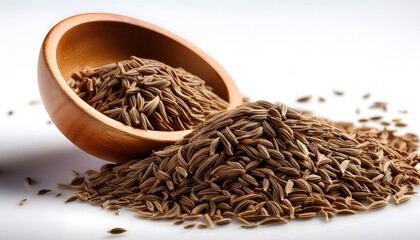High-quality macro of cumin seeds spilling out of a wooden bowl on a white background