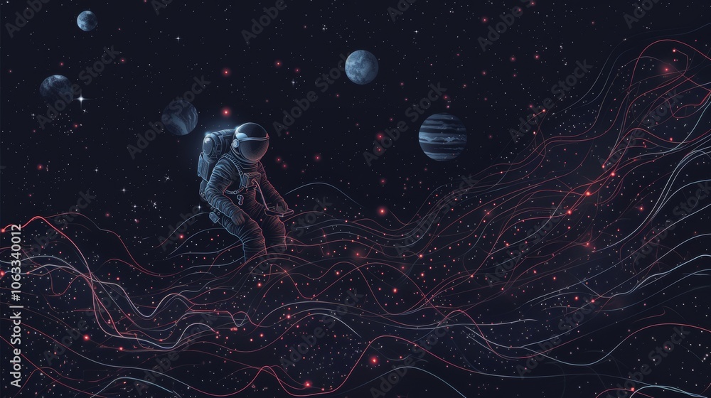 Aufkleber an astronaut is focused on coding at a computer amidst a backdrop of vibrant planets and swirling co