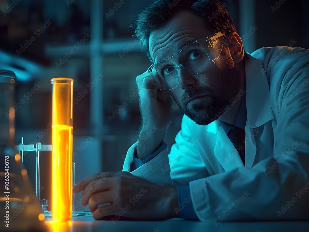 Poster pensive scientist deeply engrossed in experiment questioning results and seeking breakthrough in sci