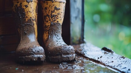 Playful Child s Rain Boots Soiled with Mud on Doorstep After Rainy Day Adventure