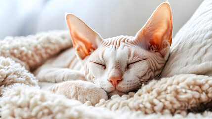 A Serene Cornish Rex Cat Sleeping Soundly on a Plush Blanket Surrounded by Soft Pillows in a Tranquil Living Space
