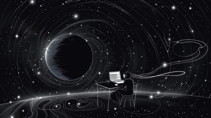 A developer focuses on programming space planets at a computer, surrounded by a cosmic backdrop of swirling galaxies and stars. Generative AI