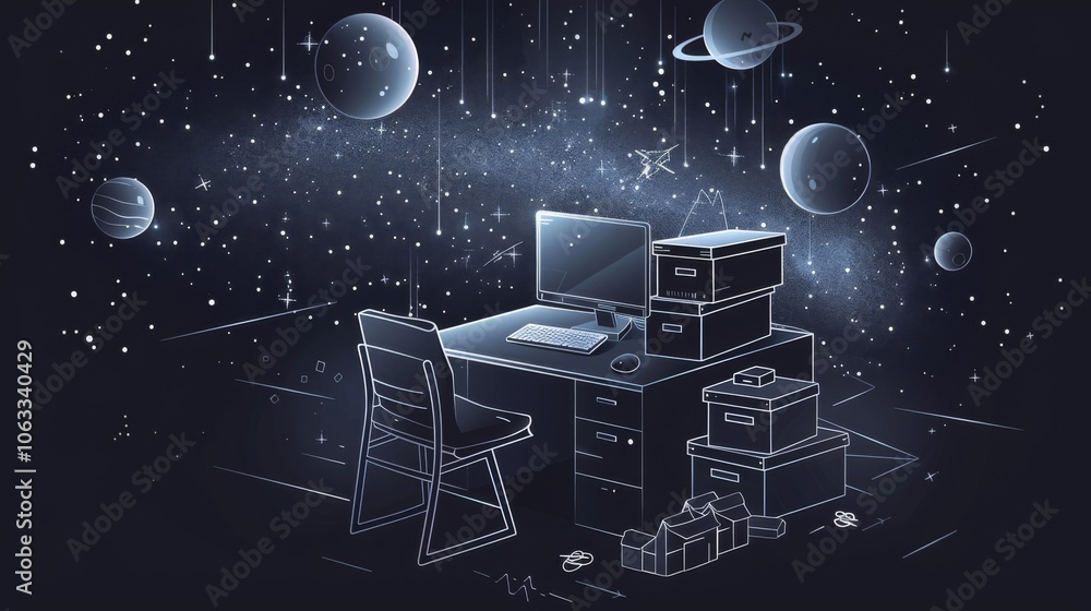 Poster a workspace filled with coding elements amidst a cosmic setting, showcasing planets and stars for an