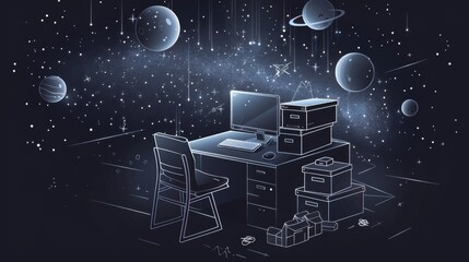 A workspace filled with coding elements amidst a cosmic setting, showcasing planets and stars for an inspiring atmosphere. Generative AI