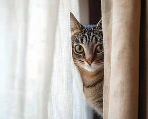 Curious But Cautious Cat Peeking Out from Behind Curtain Capturing the Balance of Curiosity and Doubt