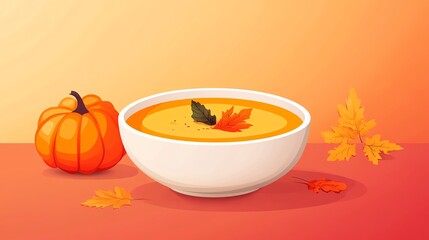 Warm pumpkin soup in bowl, seasonal autumn decor, flat design illustration