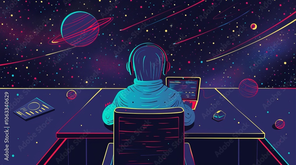 Poster a person focuses on coding for planetary exploration on their laptop, surrounded by colorful cosmic 