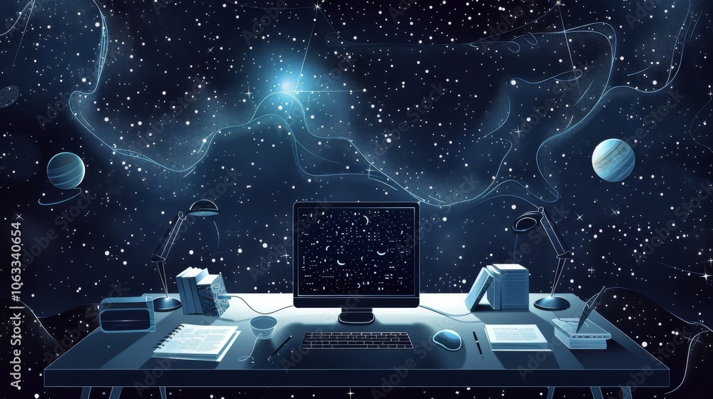Aufkleber a developer works at a desk with a computer displaying code, set against a cosmic background filled 