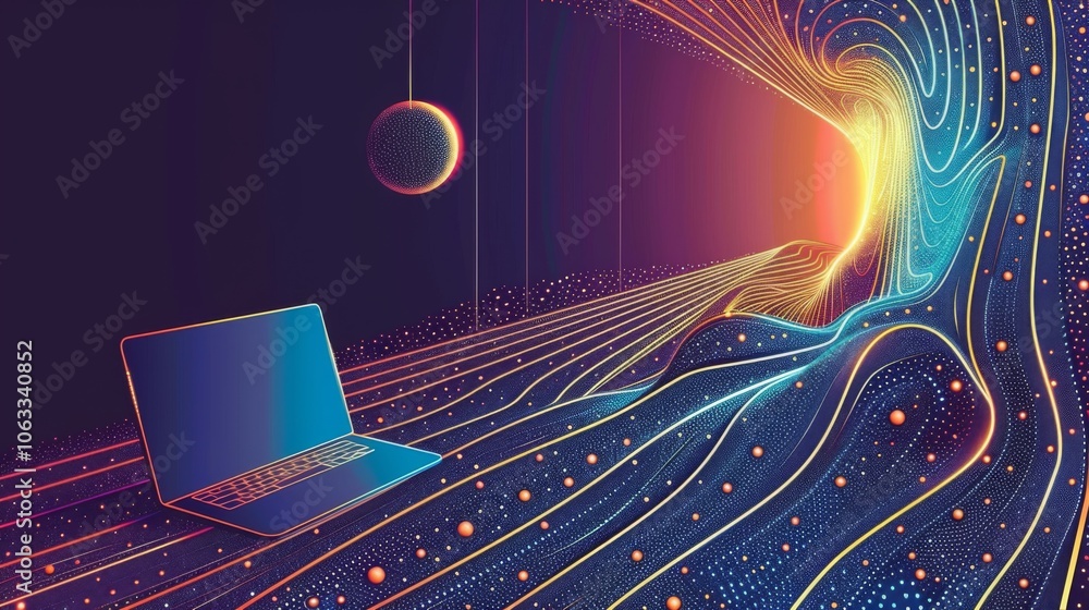Poster a laptop displays coding while a cosmic scene unfolds, showcasing planets and vibrant colors, symbol