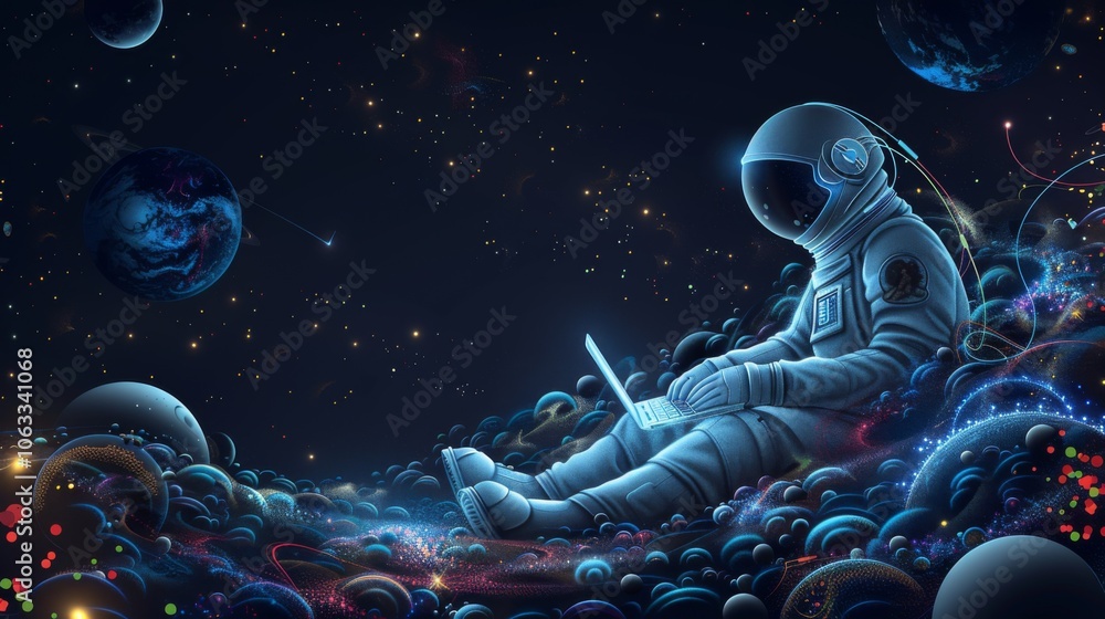 Aufkleber an astronaut uses a laptop to write code while surrounded by colorful planets and cosmic elements in