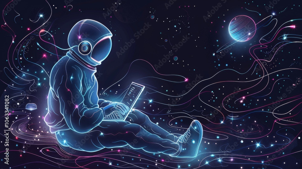 Poster an astronaut is writing code on a laptop in outer space, surrounded by colorful planets and a starry